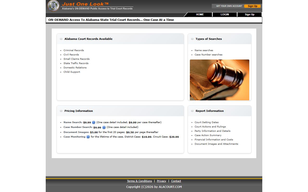 Alacourt ACCESS homepage showing public trial court record search options and pricing