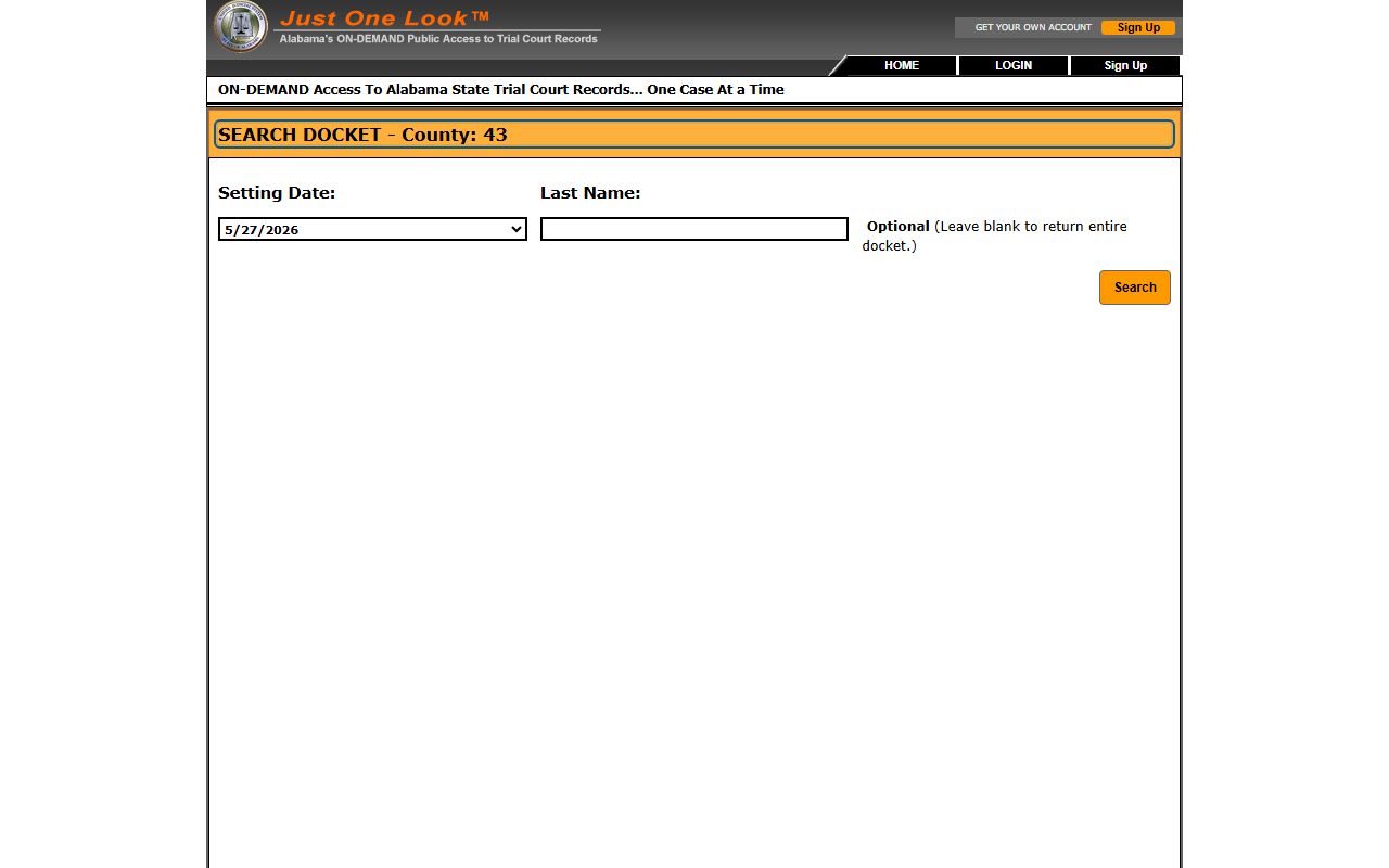 Official Covington County docket search with setting date and last name fields