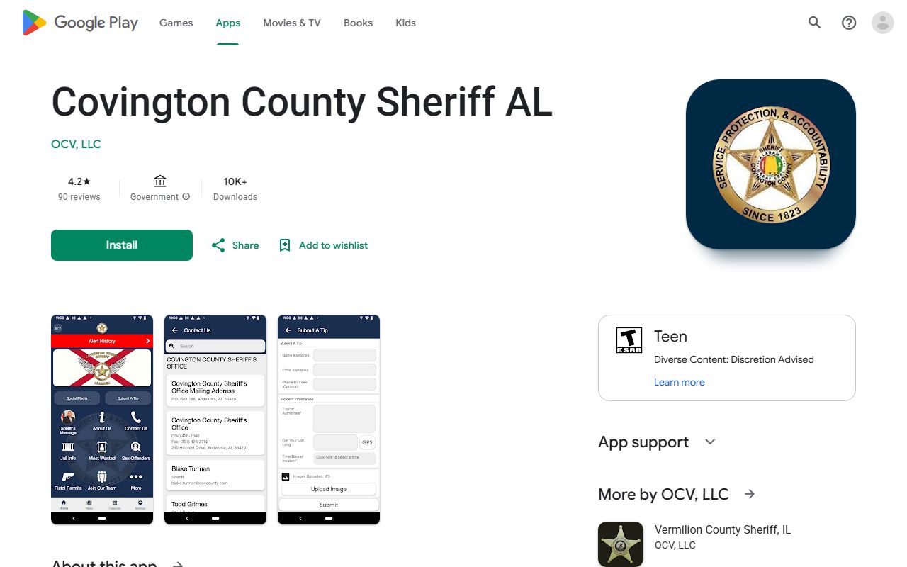 Covington County Sheriff AL app listing for booking photo access checks