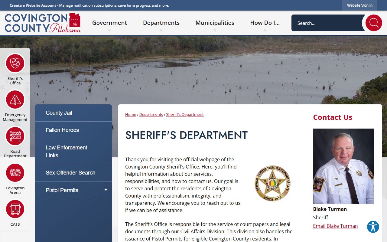Covington County Sheriff's Department page overseeing the jail inmate population